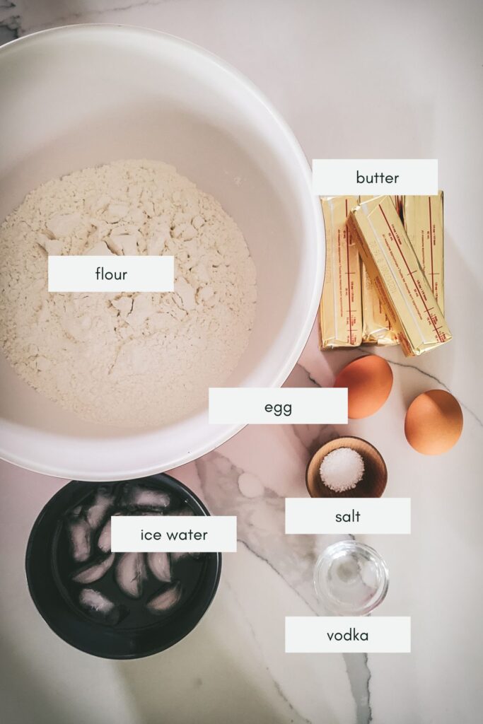 Ingredients for pie crust, labelled. 