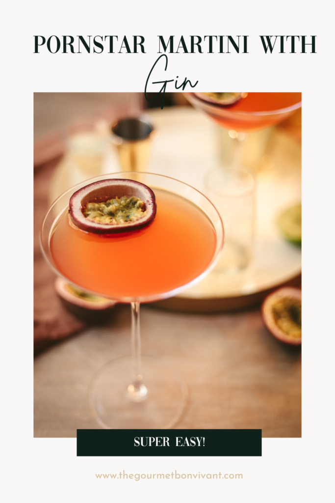 Pin image, pornstar martinis with gin and title text.