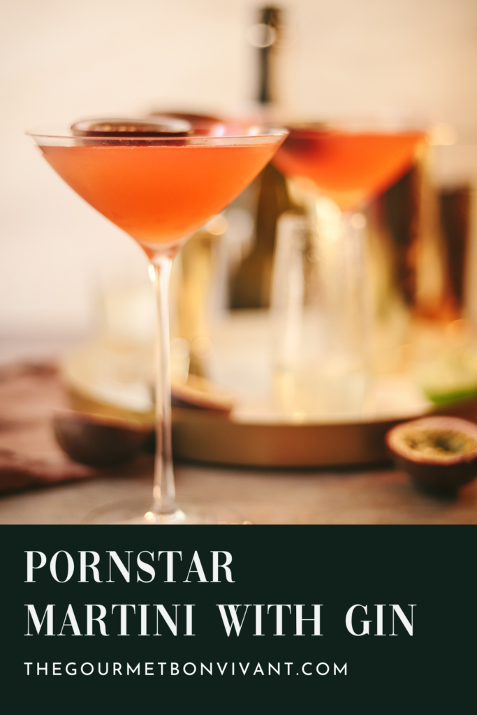 Pin image, pornstar martinis with gin and title text.