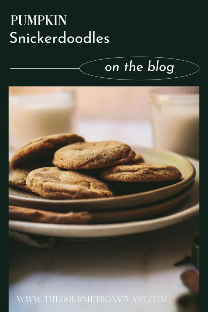 A plate of pumpkin snickerdoodles on a green background, with title text.