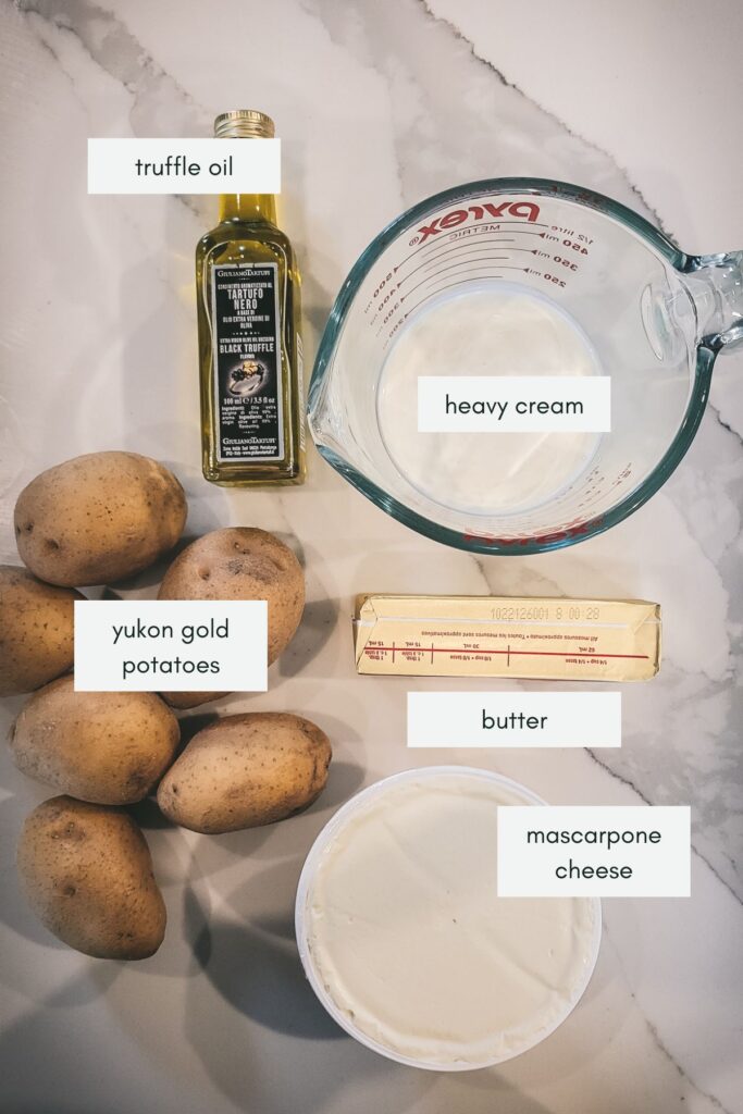 Ingredients for truffle mashed potatoes, labelled. 