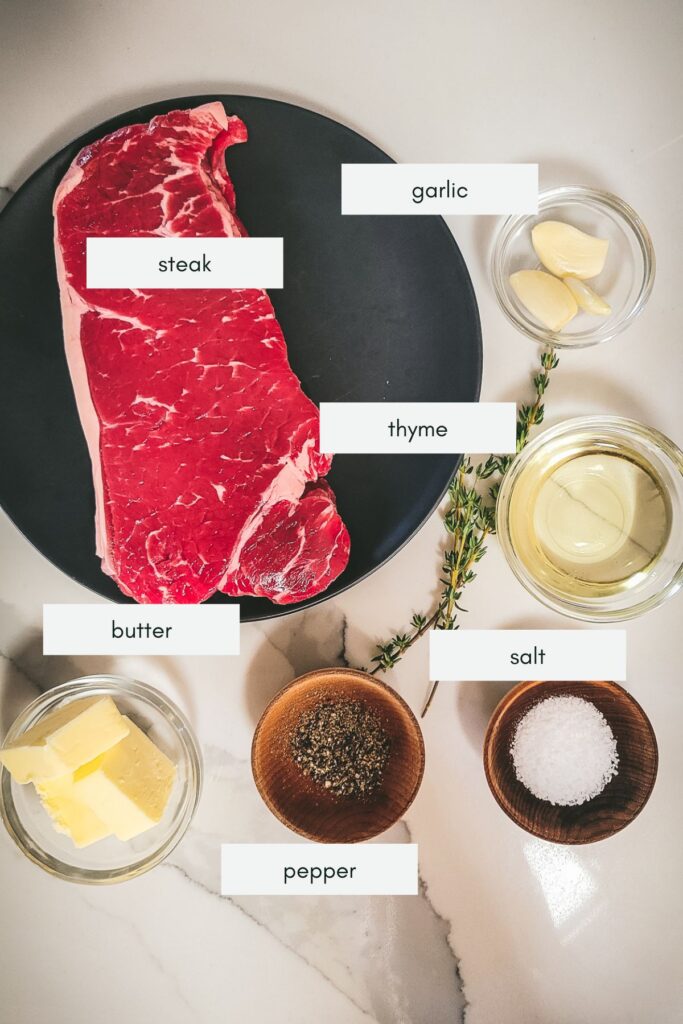 Ingredients for cast-iron steak, labelled.