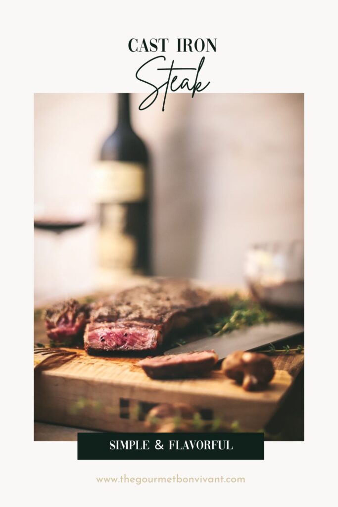 Steak on a cutting board with red wine and title text on white background.