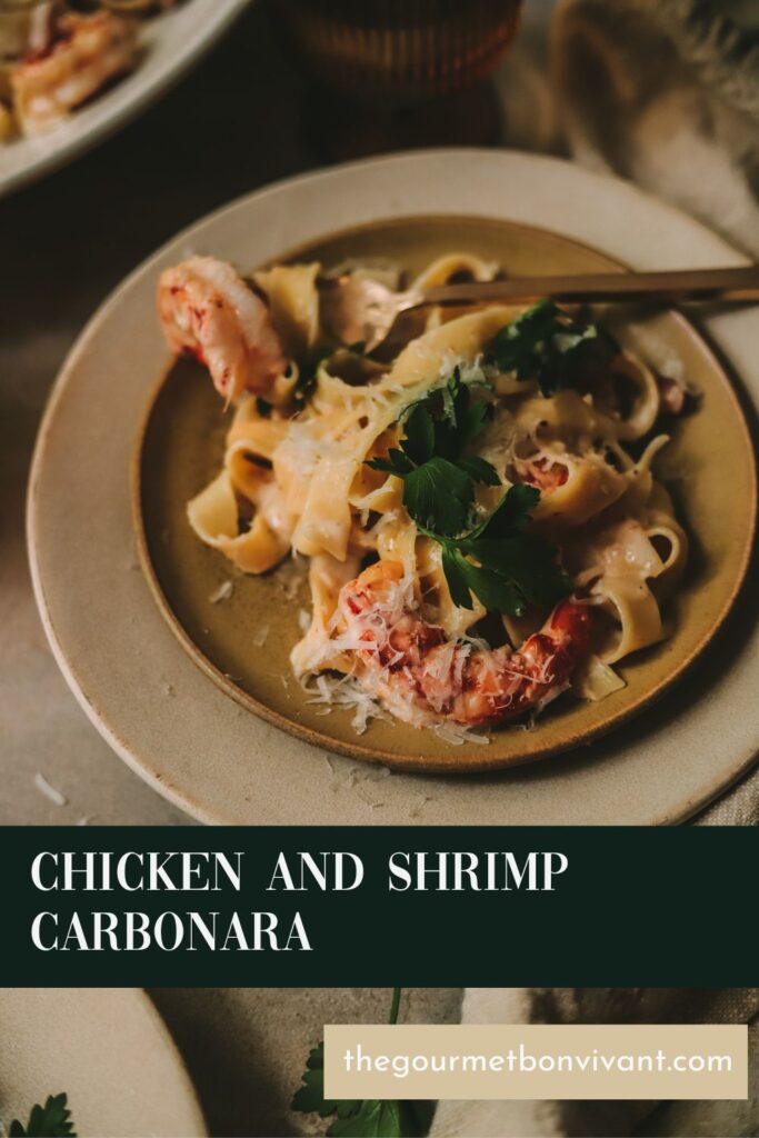 Chicken and shrimp carbonara with title text.