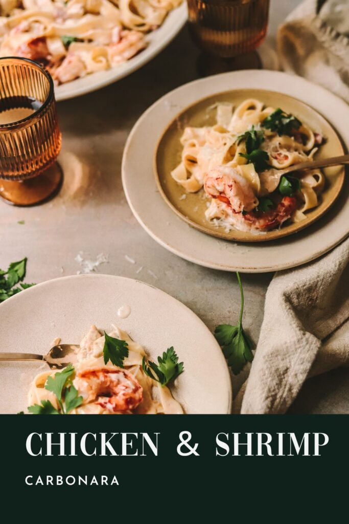Chicken and shrimp carbonara with wine and title text on dark green background.