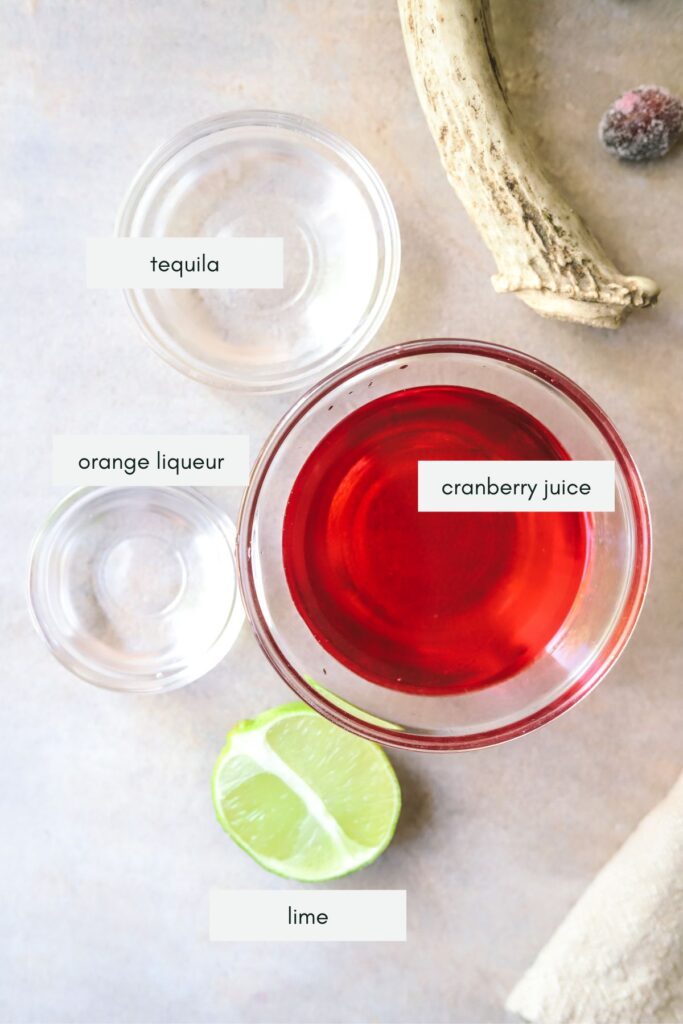 Ingredients for cranberry margaritas with labels.