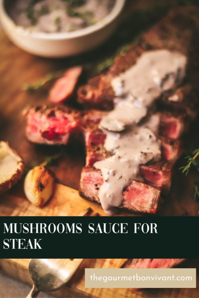 A sliced medium rare steak with mushroom sauce and title text.