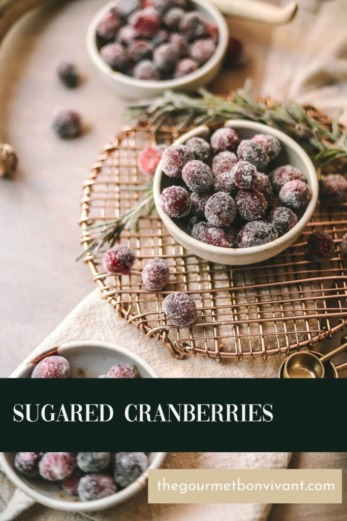 Three bowls of frosted cranberries with title text.