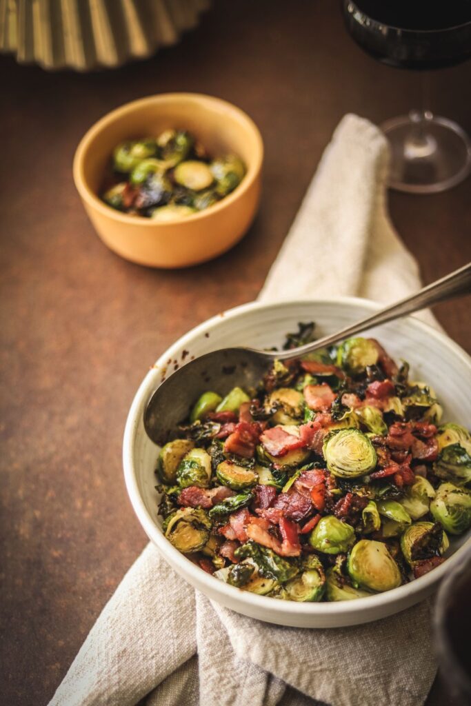 Roasted Brussel's sprouts in a bowl on a table. 