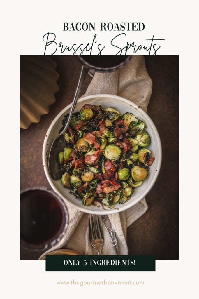 A bowl of brussels sprouts on a white background with title text.