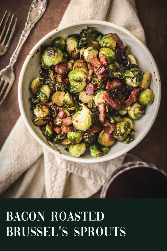 A bowl of roasted brussel's sprouts with title text.