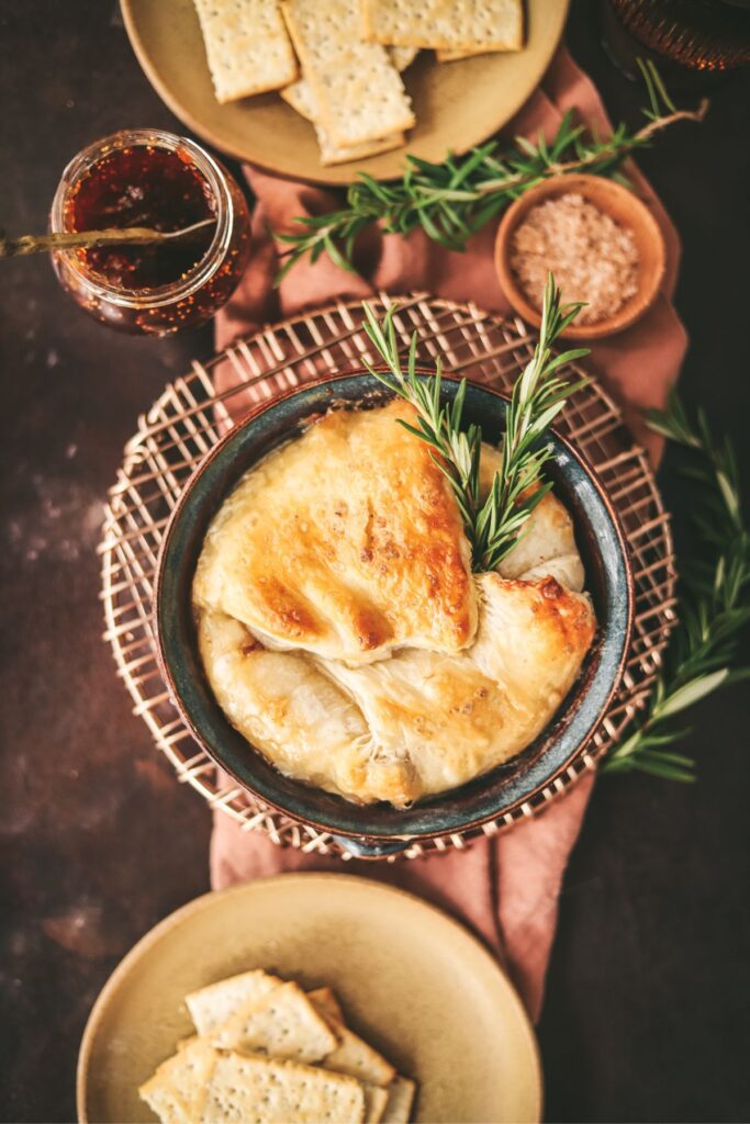 Baked brie in puff pastry with fig jam and rosemary. 