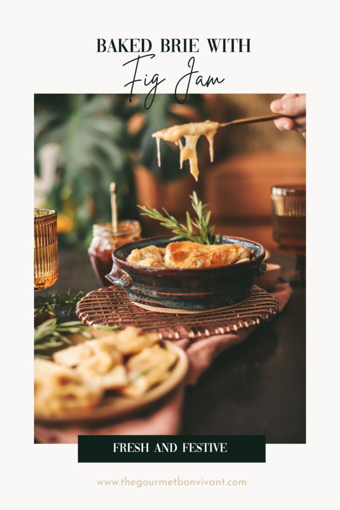 Baked brie with melted parts coming off a knife; title text.