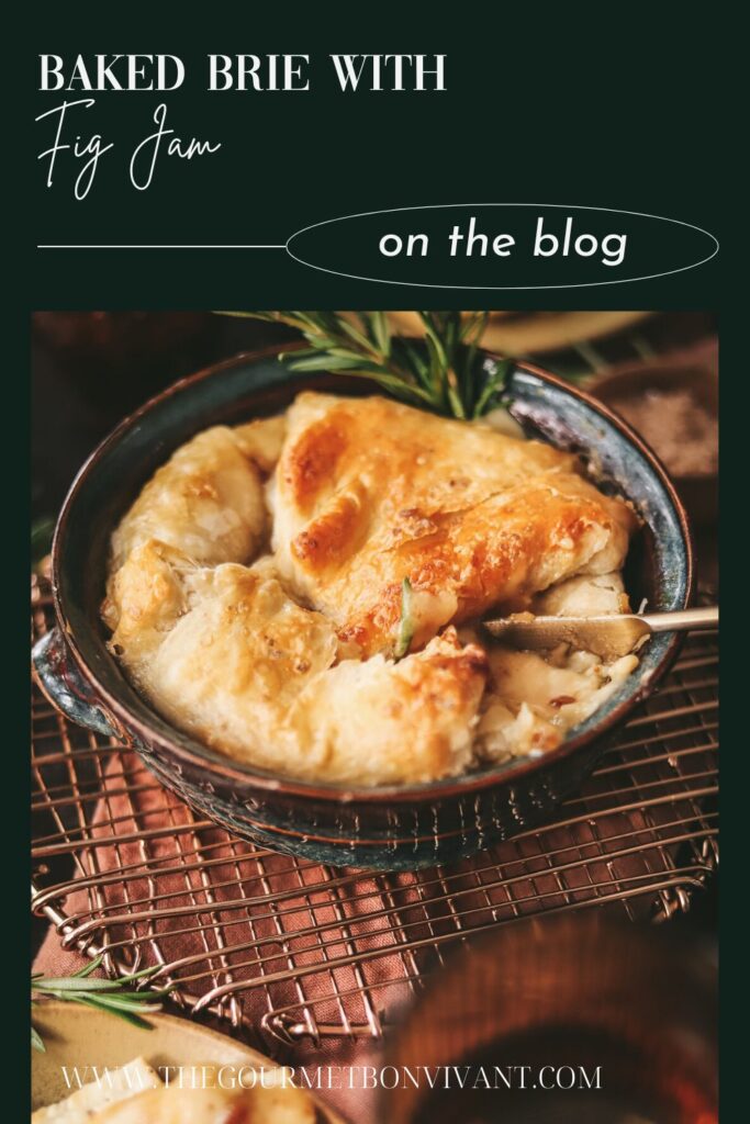 Baked brie in puff pastry with dark green background and title text.