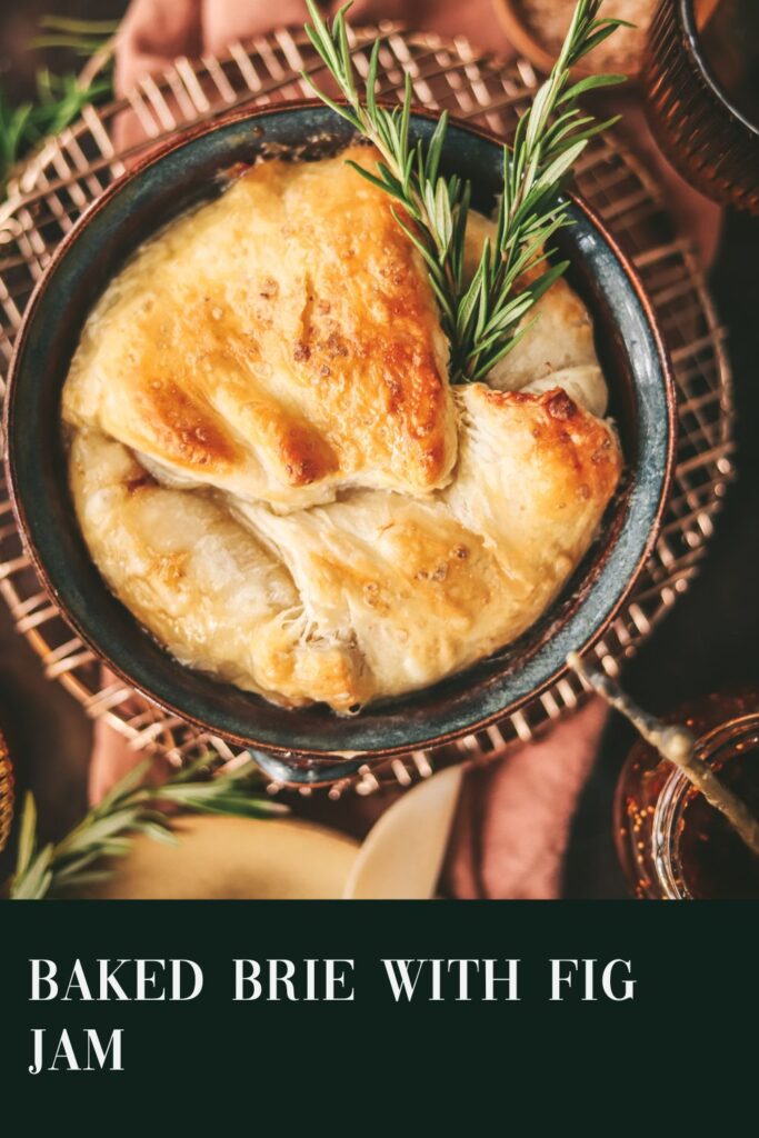 Baked brie with title text.