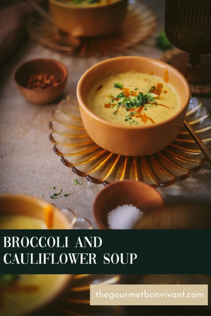 Bowl of broccoli and cauliflower soup with spices.
