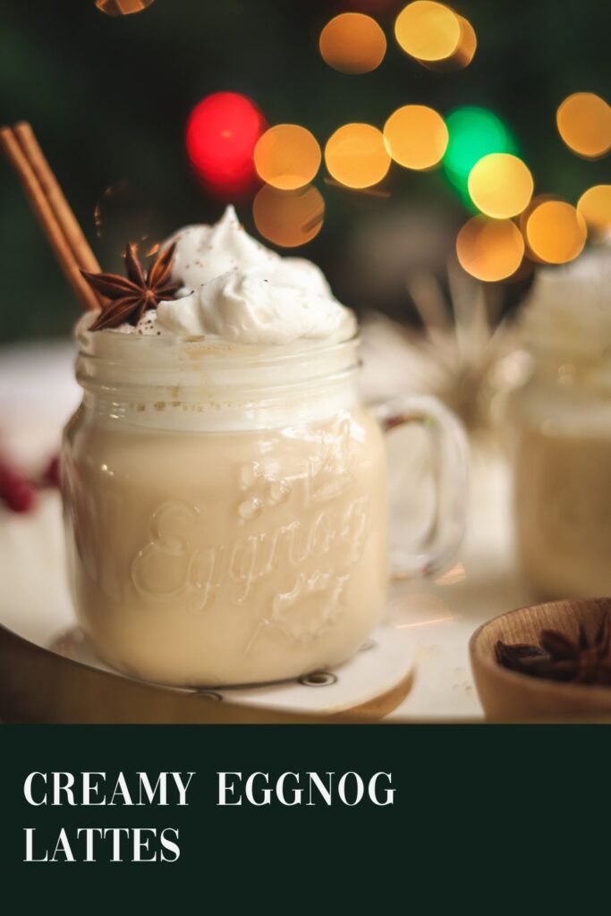 Eggnog latte with title text on dark green background.