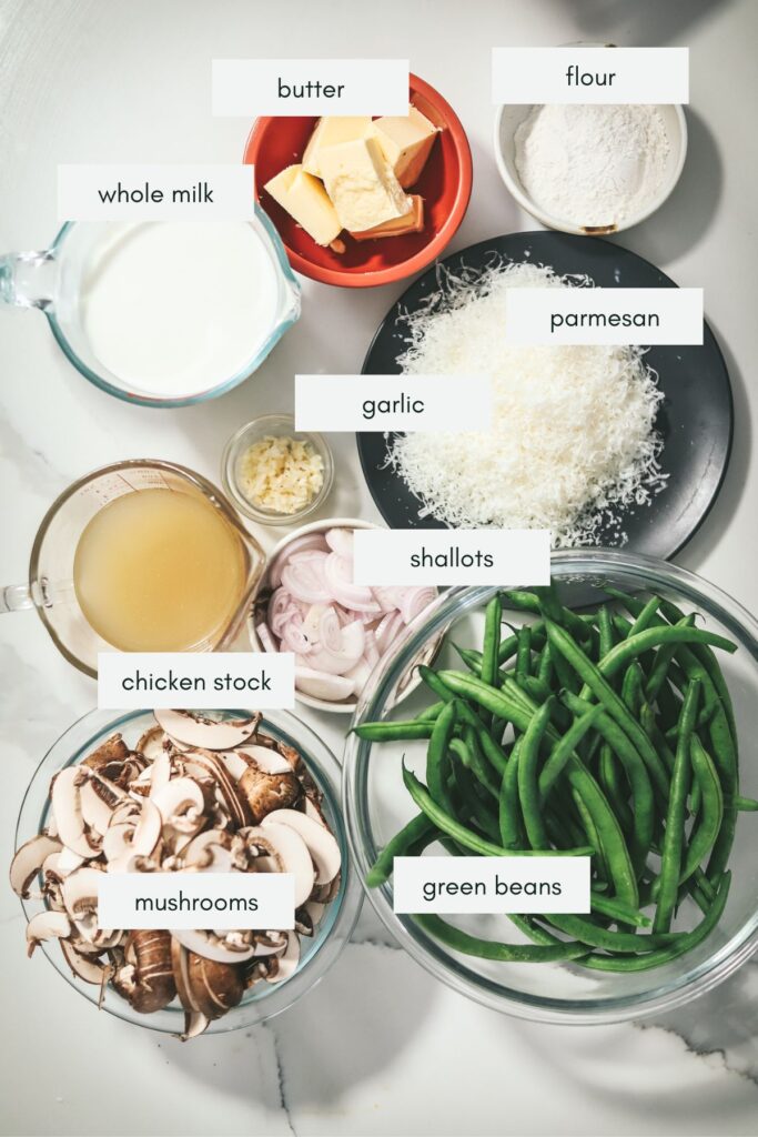 Ingredients for green bean casserole with labels.
