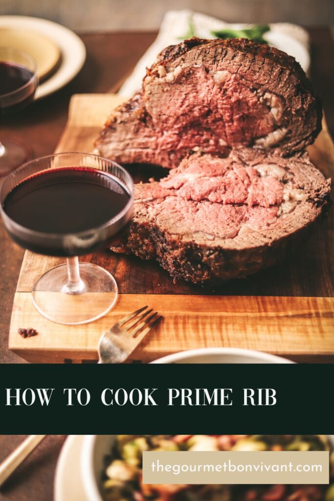 Prime rib with wine and title text.