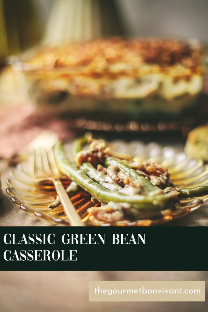 A plate of green bean casserole with title text.
