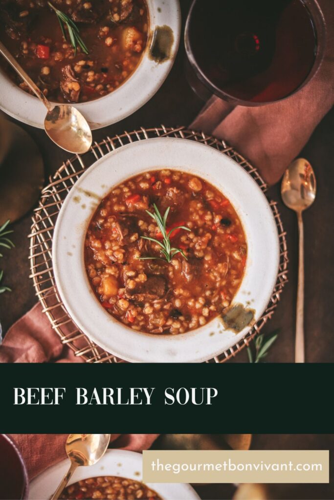 A bowl of beef barley soup with title text on dark green background.