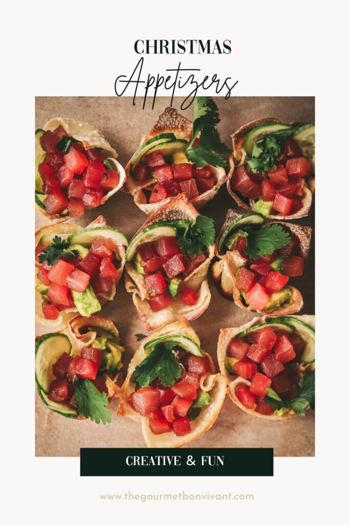 An example of a Christmas appetizer (tuna tartare cups) with title text.