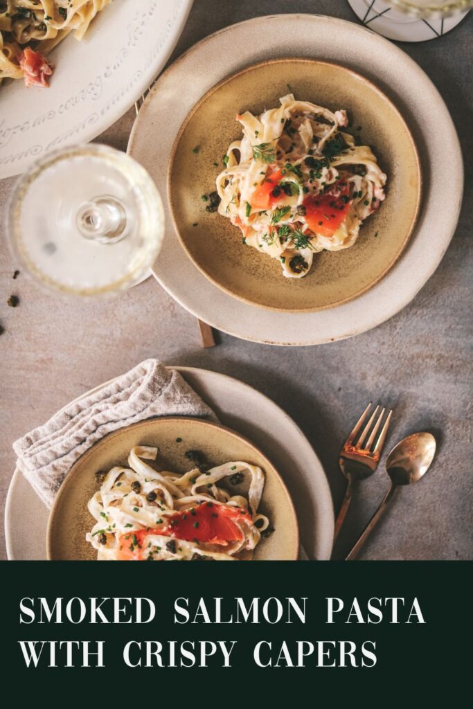 smoked salmon pasta with title text on a dark green background.