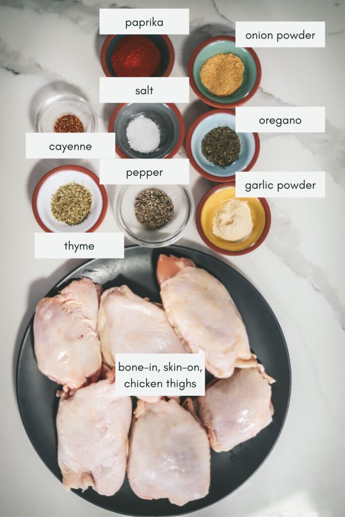 Ingredients for baked chicken thighs, labelled. 