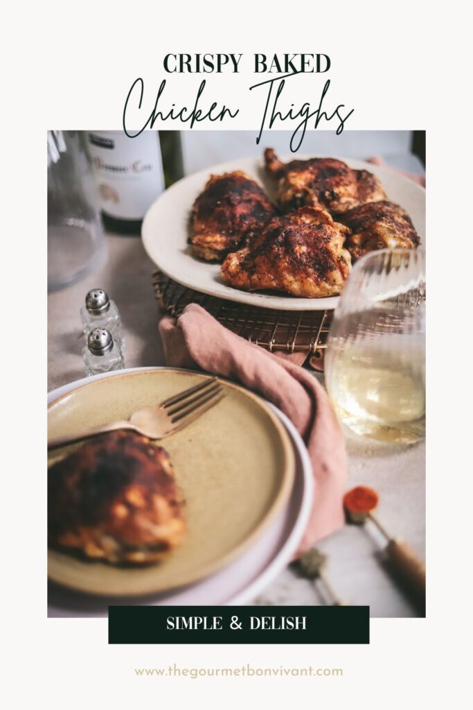 Baked chicken thighs on a platter with title text.
