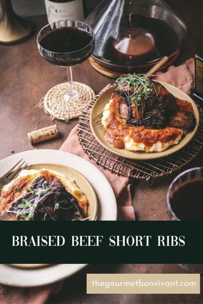 Braised beef short ribs with title text.