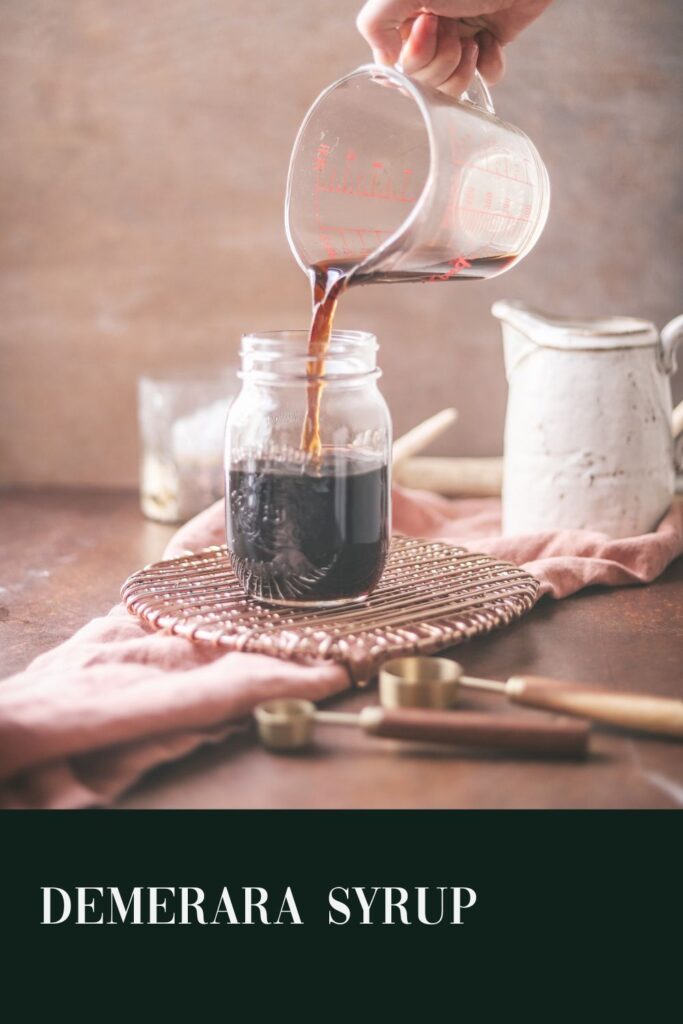 Demerara syrup being poured into a jar, with title text.