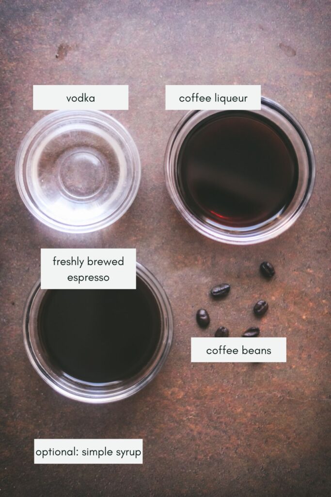 The ingredients for an espresso martini, labelled. 