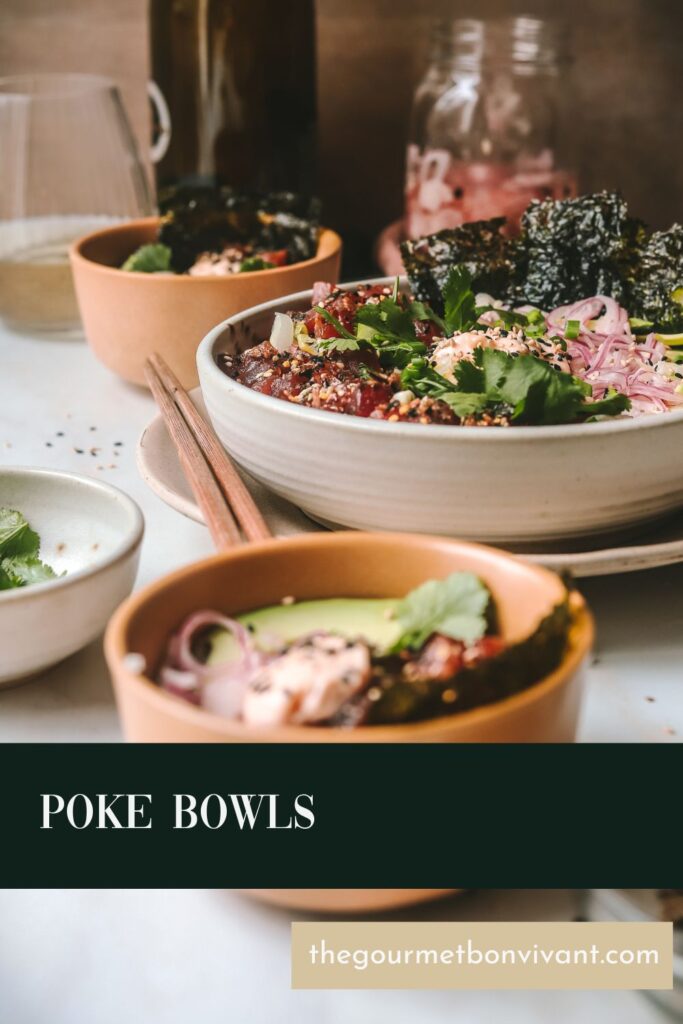 A poke bowl with title text on a dark green background.