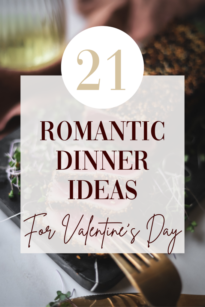 A graphic with Romantic Dinner Ideas text, photo in background.