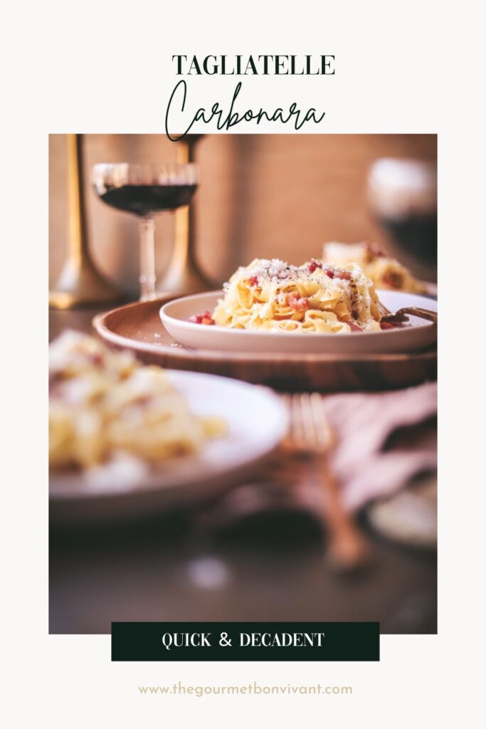 Tagliatelle carbonara with red wine and title text.