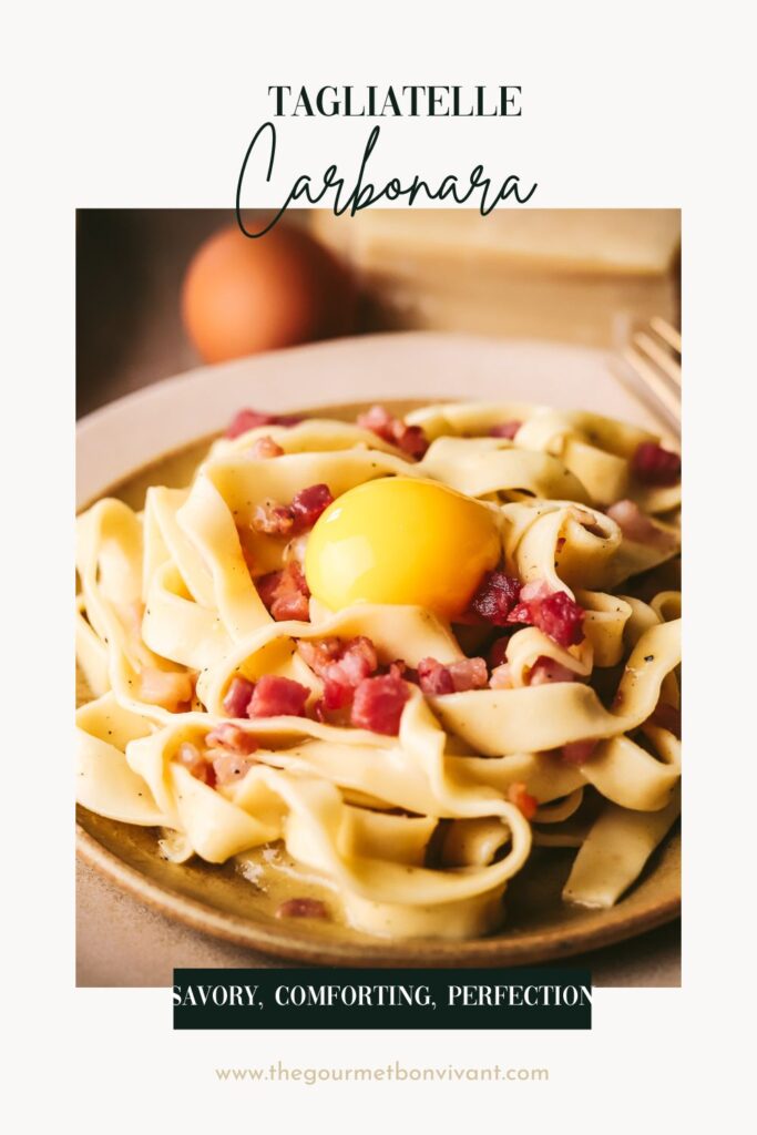 Tagliatelle carbonara on a white background with title text.