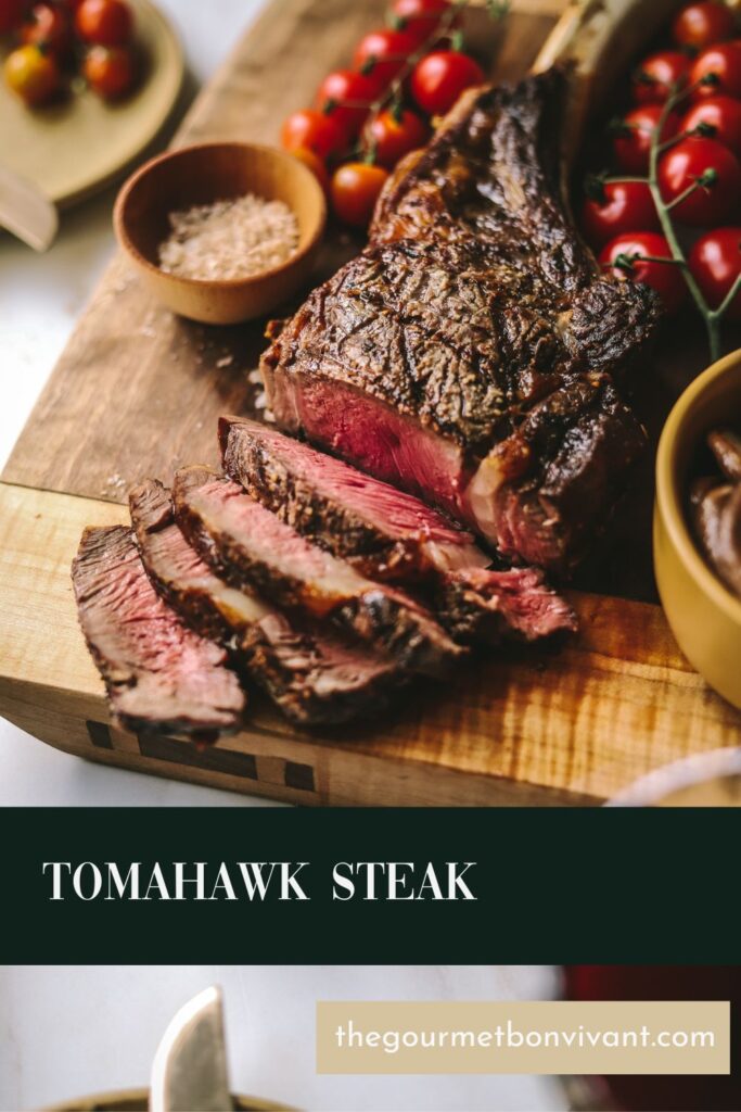 Medium rare tomahawk steak with title text.