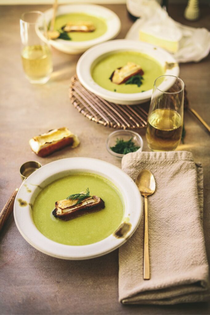 The bowls of asparagus soup with champagne. 