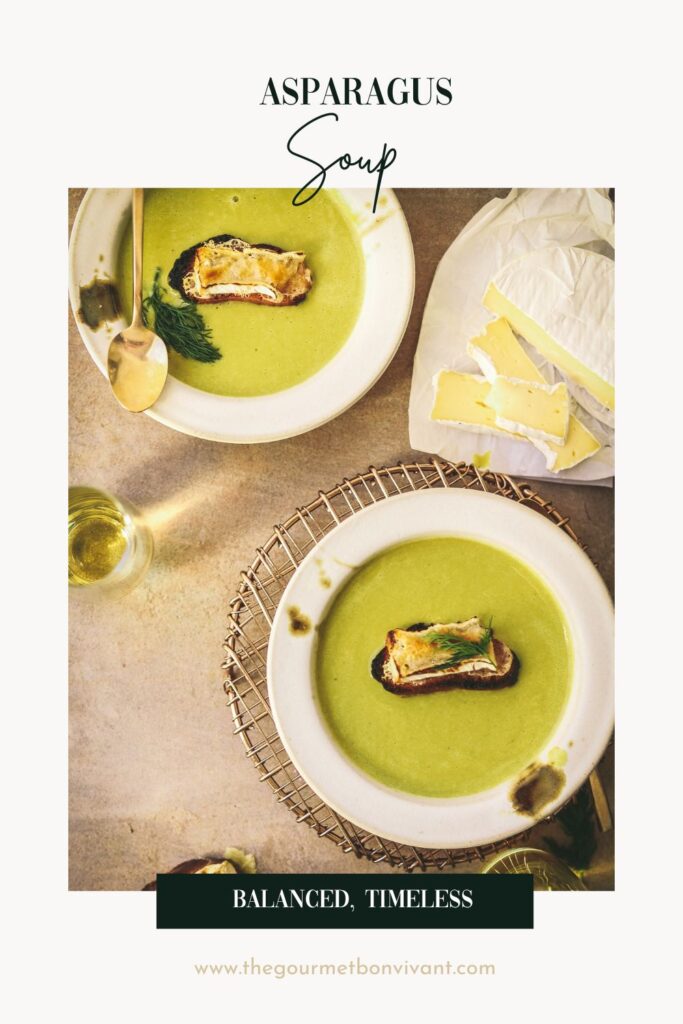 Bowl of asparagus soup with title text.