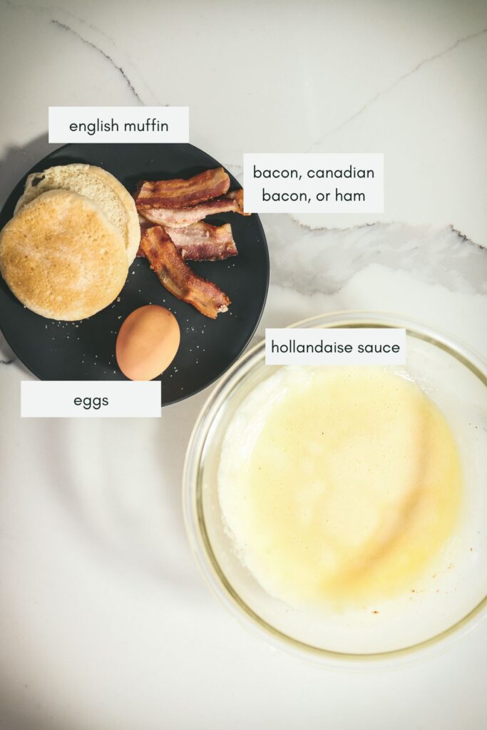 The ingredients for eggs benedict, including hollandaise sauce. 