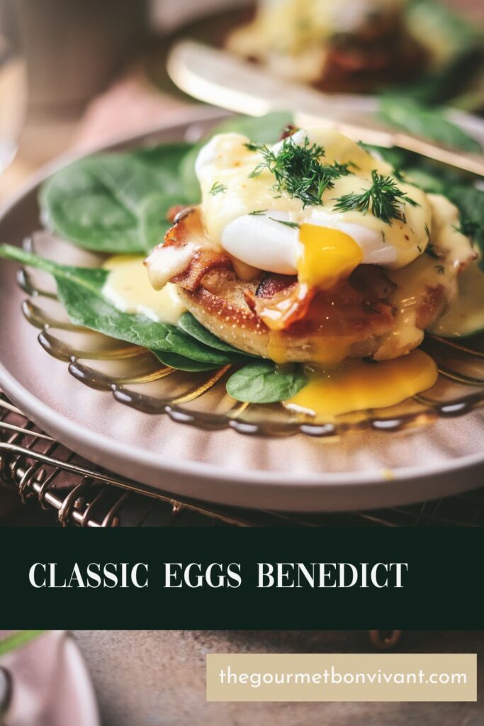Eggs benedict with a runny yolk and title text.