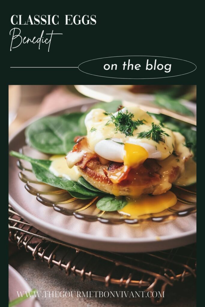 Eggs benedict with a runny yolk and title text.