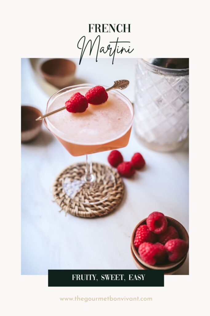A french martini with fresh raspberries and title text.