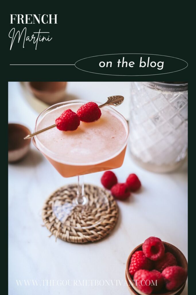 A french martini with fresh raspberries and title text.