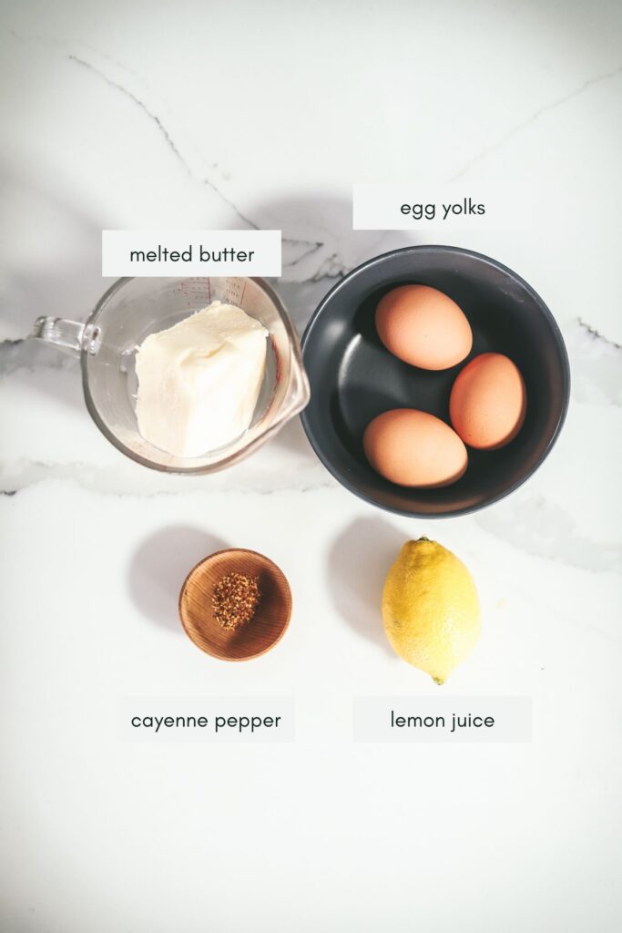 Ingredients for hollandaise sauce with labels.