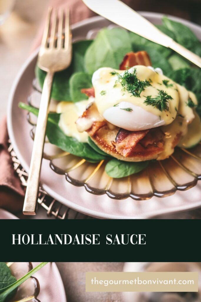Hollandaise sauce with eggs benedict and title text.