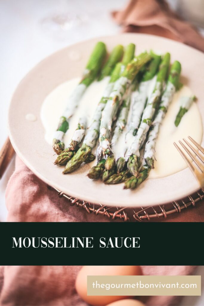 Asparagus and mousseline sauce with title text.