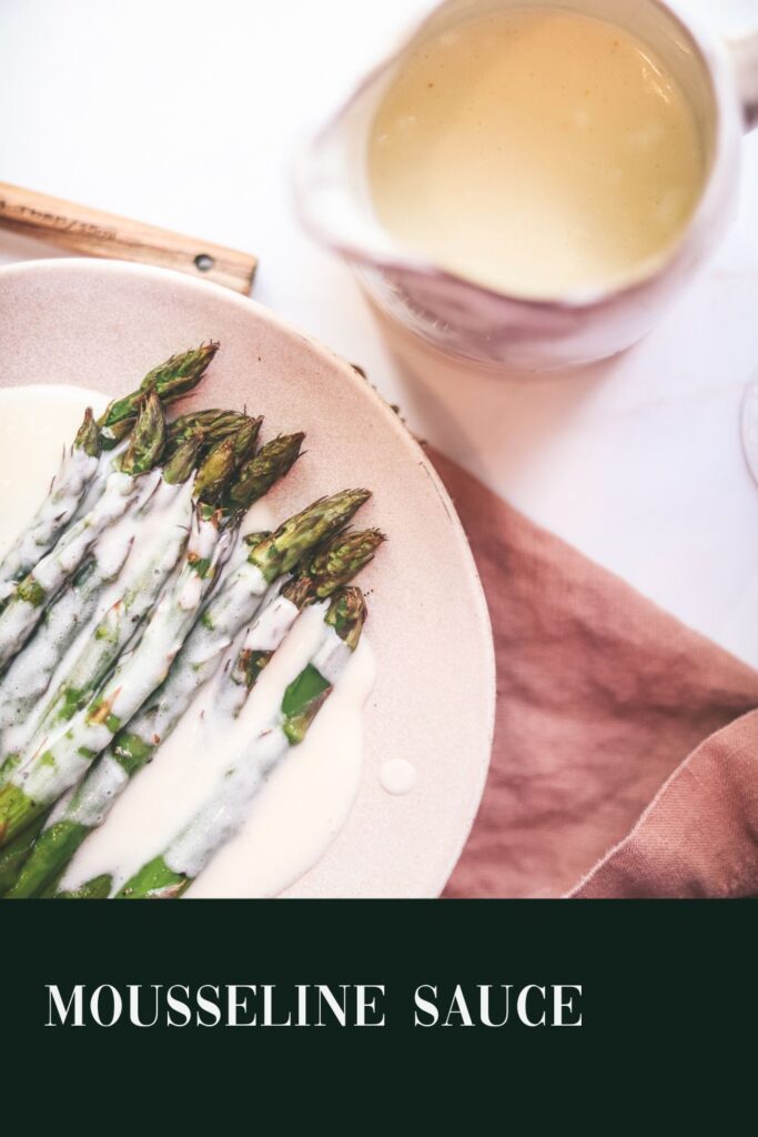 Asparagus and mousseline sauce with title text.