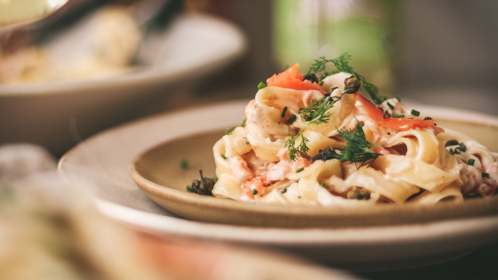Smoked salmon pasta with capers and dill. 