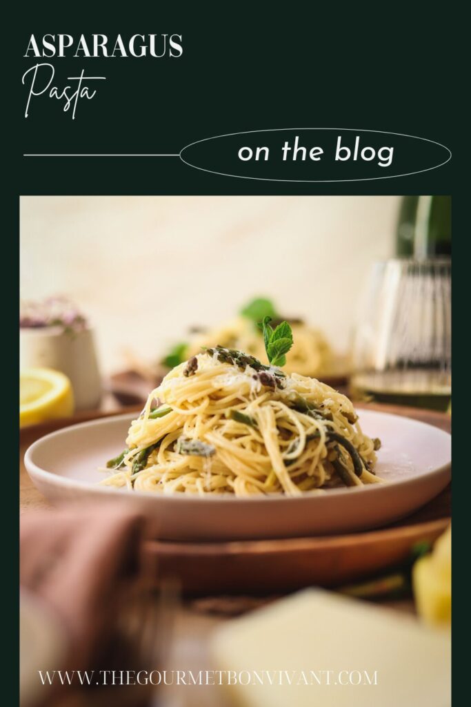 Asparagus and lemon pasta garnished with mint, title text.